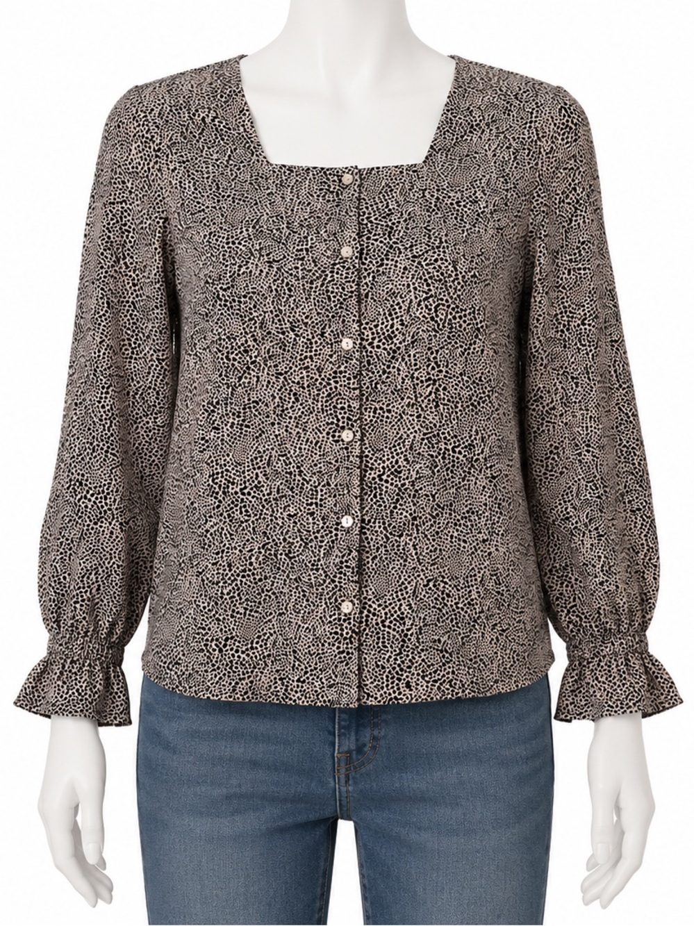 Bobeau Animal Print Blouse Women’s Small Square Neck Button Front Top